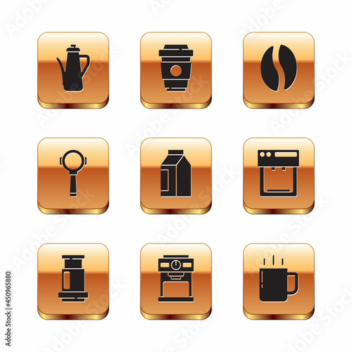 Set Teapot, Aeropress coffee, Coffee machine, Bag beans, filter holder, cup and to go icon. Vector