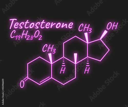 Human hormone testosterone periodic element concept chemical skeletal formula icon label, text font neon glow vector illustration, isolated on black.