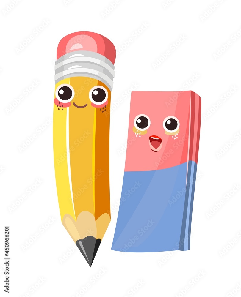 Pencil boy and eraser girl. Cheerful cute cartoon character. The object is isolated on a white background. Good mood. Character with a smile. Stationery for drawing and creativity. Vector Pencil boy and eraser girl. Cheerful cute cartoon character. The object is isolated on a white background. Good mood. Character with a smile. Stationery for drawing and creativity. Vector
