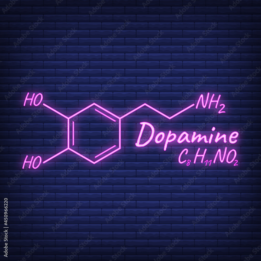 Human hormone dopamine concept chemical skeletal formula icon label, text font neon glow vector illustration, isolated on black. Periodic element. Human hormone dopamine concept chemical skeletal formula icon label, text font neon glow vector illustration, isolated on black. Periodic element.