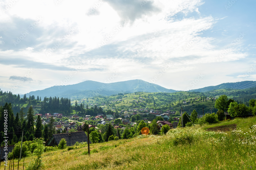 Fototapeta premium Nice view of the mountain village. Slavsk. Carpathians. Ukraine.