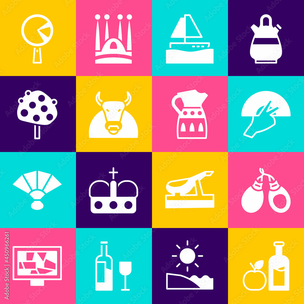 Set Apple cider bottle, Castanets, Fan flamenco, Yacht sailboat, Bull, Orange tree, Omelette in frying pan and Sangria pitcher icon. Vector Set Apple cider bottle, Castanets, Fan flamenco, Yacht sailboat, Bull, Orange tree, Omelette in frying pan and Sangria pitcher icon. Vector