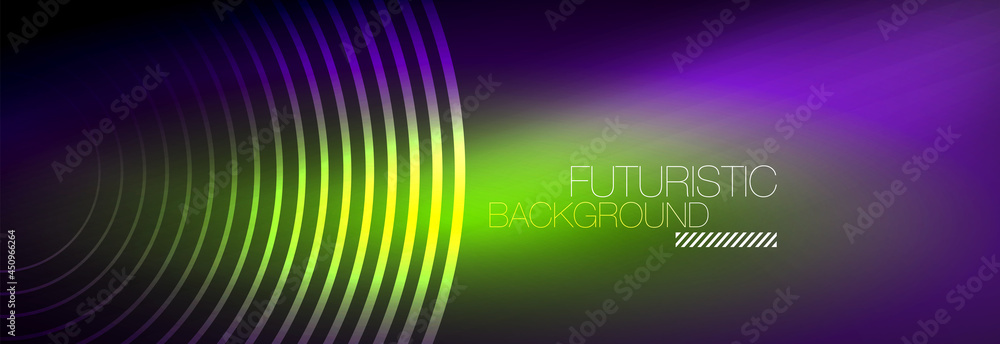 Dark abstract background with glowing neon circles. Trendy layout template for business or technology presentation, internet poster or web brochure cover, wallpaper Dark abstract background with glowing neon circles. Trendy layout template for business or technology presentation, internet poster or web brochure cover, wallpaper