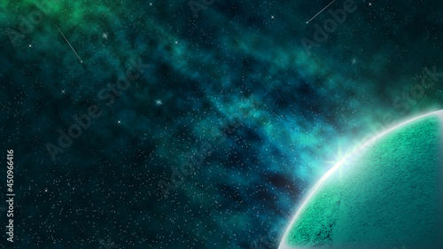 Abstract green planet in the cosmic sky. Universe. Space background.