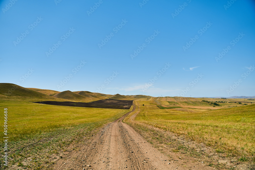 Naklejka premium View of the Long Mountains Ridge. The beginning of the Ural mountains. Orenburg region. High quality photo