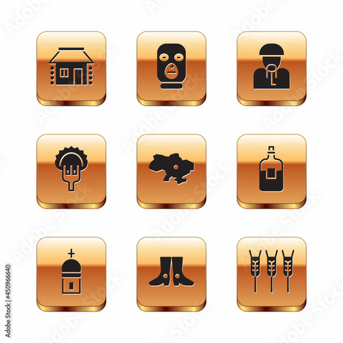 Set Ukrainian house, Church tower, footwear, Map of Ukraine, Dumplings on fork, cossack, Wheat and Thief mask icon. Vector