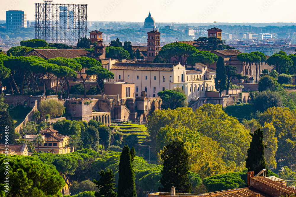 Distant view at Basilica Santi Bonifacio e Alessio on Aventine hill in Rome, Italy