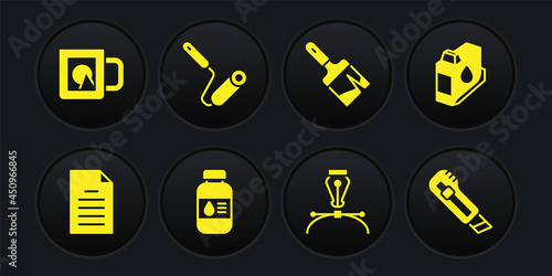 Set File document, Printer ink cartridge, bottle, Fountain pen nib, Paint brush, roller, Stationery knife and Coffee cup icon. Vector