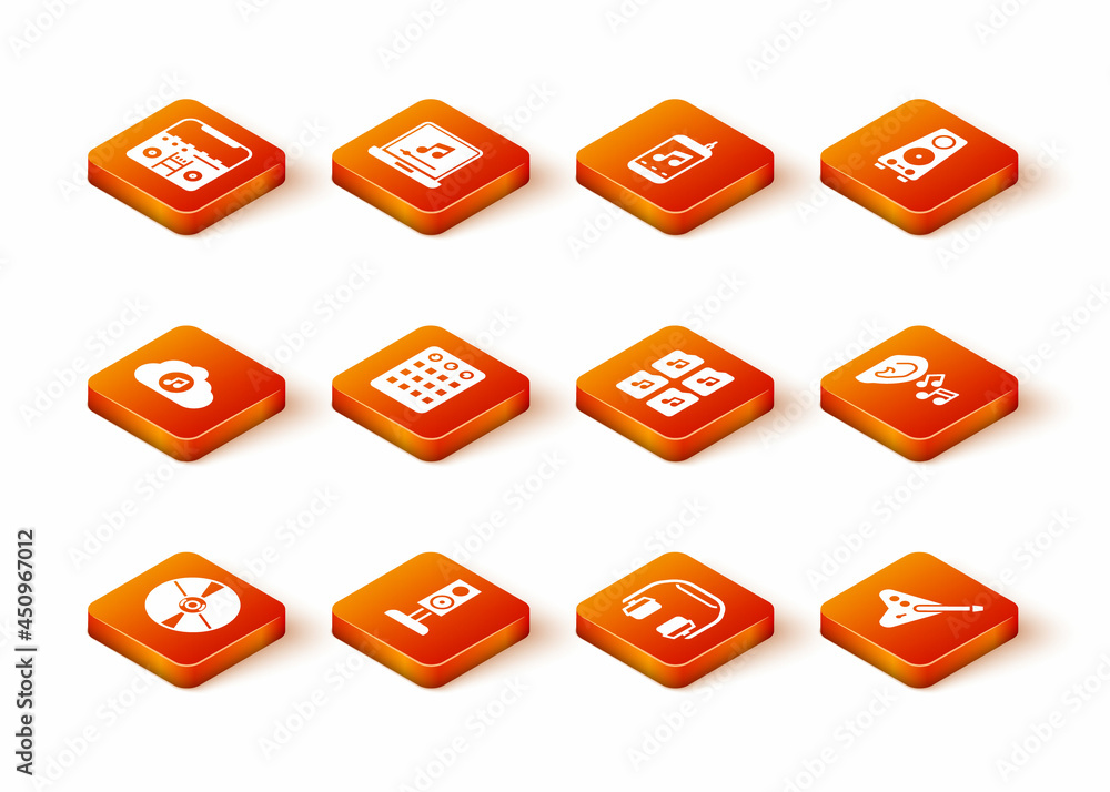 Set CD or DVD disk, Stereo speaker, Music streaming service, Drum machine, Headphones, file document, Electric bass guitar and Ear listen sound signal icon. Vector Set CD or DVD disk, Stereo speaker, Music streaming service, Drum machine, Headphones, file document, Electric bass guitar and Ear listen sound signal icon. Vector