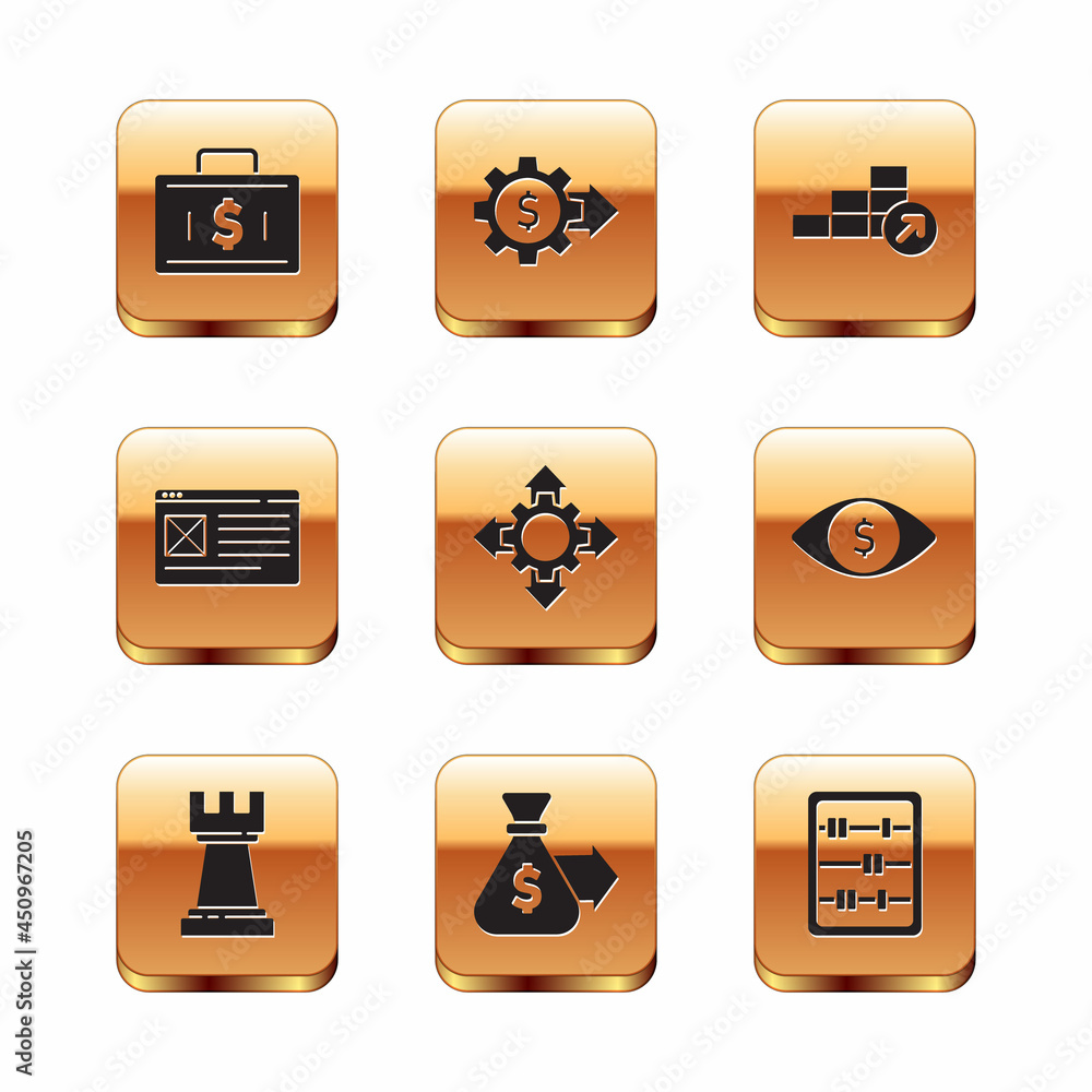 Set Briefcase and money, Chess, Money bag, Project team base, Browser window, Financial growth, Abacus and Gear with dollar icon. Vector Set Briefcase and money, Chess, Money bag, Project team base, Browser window, Financial growth, Abacus and Gear with dollar icon. Vector