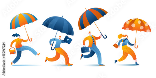 Characters with umbrellas and bags are having fun. A set of vector isolated illustrations in a flat style on the theme of autumn and going to work.