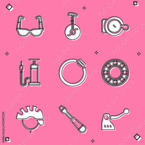 Set Sport cycling sunglasses, Unicycle one wheel bicycle, Bicycle bell, air pump, brake disc, ball bearing, helmet and Screwdriver icon. Vector
