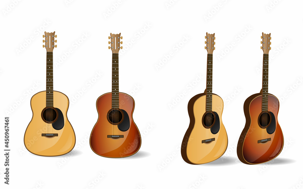 Obraz premium Classical acoustic guitar. Isolated silhouette classic guitar. Vector illustration. Classical wooden guitar. String plucked musical instrument. Acoustic guitars. Isolated on white background