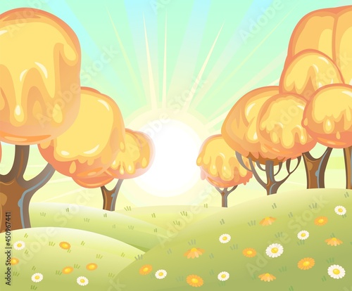 Fabulous sweet forest. Flows of yellow cream, jelly or caramel. Sun. Trees with chocolate trunks. Cute hilly landscape for children. Beautiful fantastic illustration. Vector