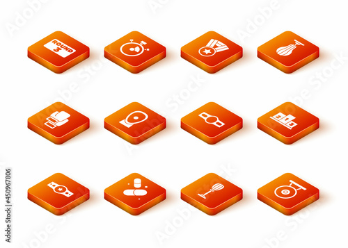 Set Boxing belt, Vitamin pill, glove, training paws, Punching bag, Gong and Award over sports winner podium icon. Vector