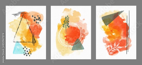 Autumn watercolor hand drawing abstract modern poster with lineart leaves set. Use for poster  print  card  postcard  flyers  banner  advertising  celebration  invitation  wedding  birthday  party