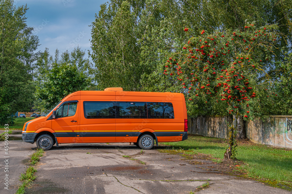 Obraz premium Orange bus stands under orange rowan tree.