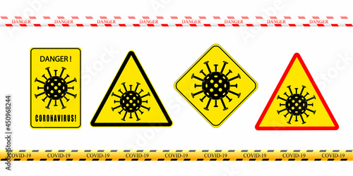 A set of signs with the image of the coronavirus and the inscription Danger. New outbreak of coronavirus covid-19 Coronavirus warning. Vector.