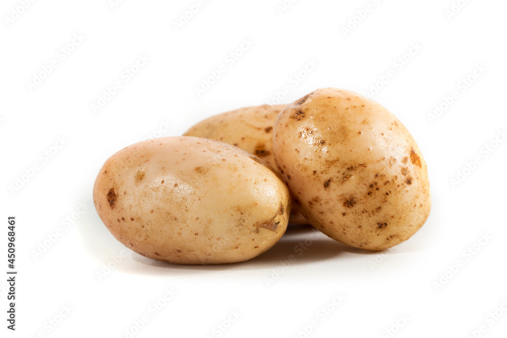 Three fresh white potatoes on a white background Three fresh white potatoes on a white background