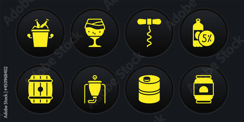 Set Wooden barrel, Beer bottle, brewing process, Metal beer keg, Wine corkscrew, Glass of, can and bottles ice bucket icon. Vector