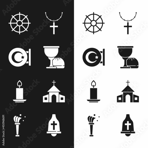 Set Holy grail or chalice, Star and crescent, Dharma wheel, Christian cross on chain, Burning candle, Church building, bell and Aspergillum icon. Vector