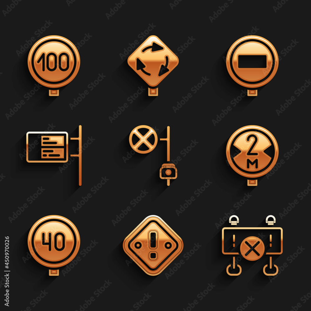 Set Stop sign with camera, Exclamation mark in triangle, Road barrier, traffic, Speed limit, ublic transport board, and icon. Vector