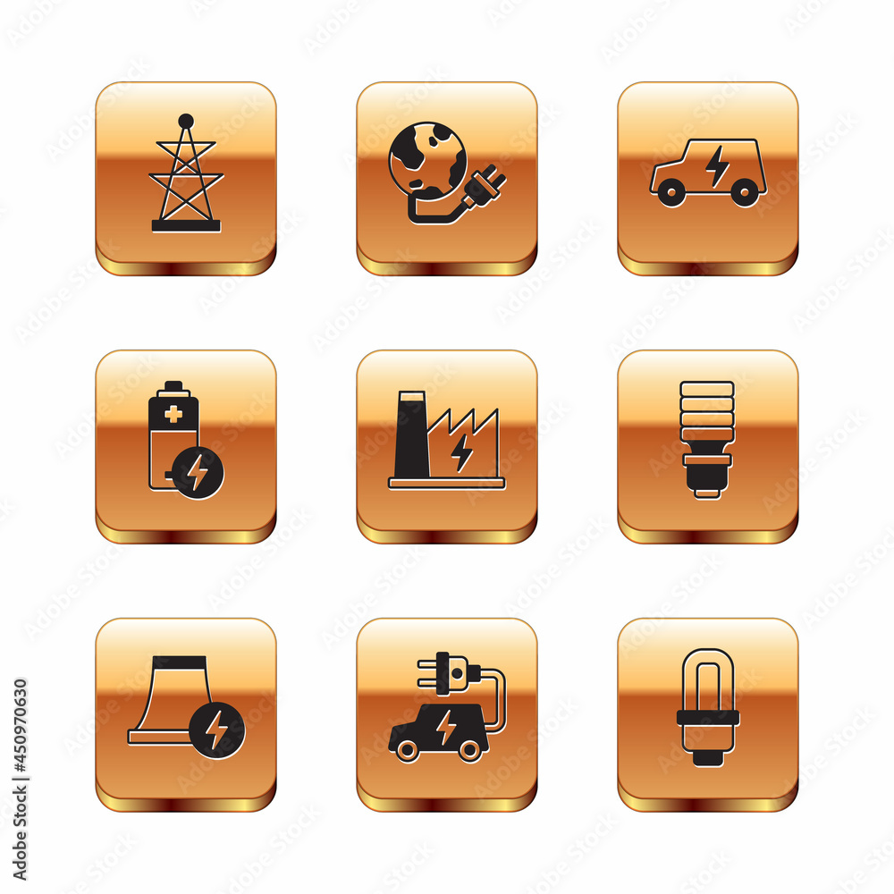 Set Electric tower, Nuclear power plant, car, Battery, LED light bulb and Global energy planet icon. Vector Set Electric tower, Nuclear power plant, car, Battery, LED light bulb and Global energy planet icon. Vector