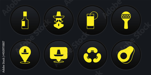 Set Mexican sombrero, Maracas, Beans, Tequila glass with lemon, man, Avocado fruit and Tabasco sauce icon. Vector
