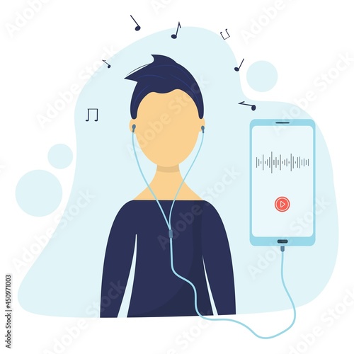 The man listens to music with headphones. Melomaniac, music lover, fan. Man enjoying songs in headset via smartphone, Flat vector illustration