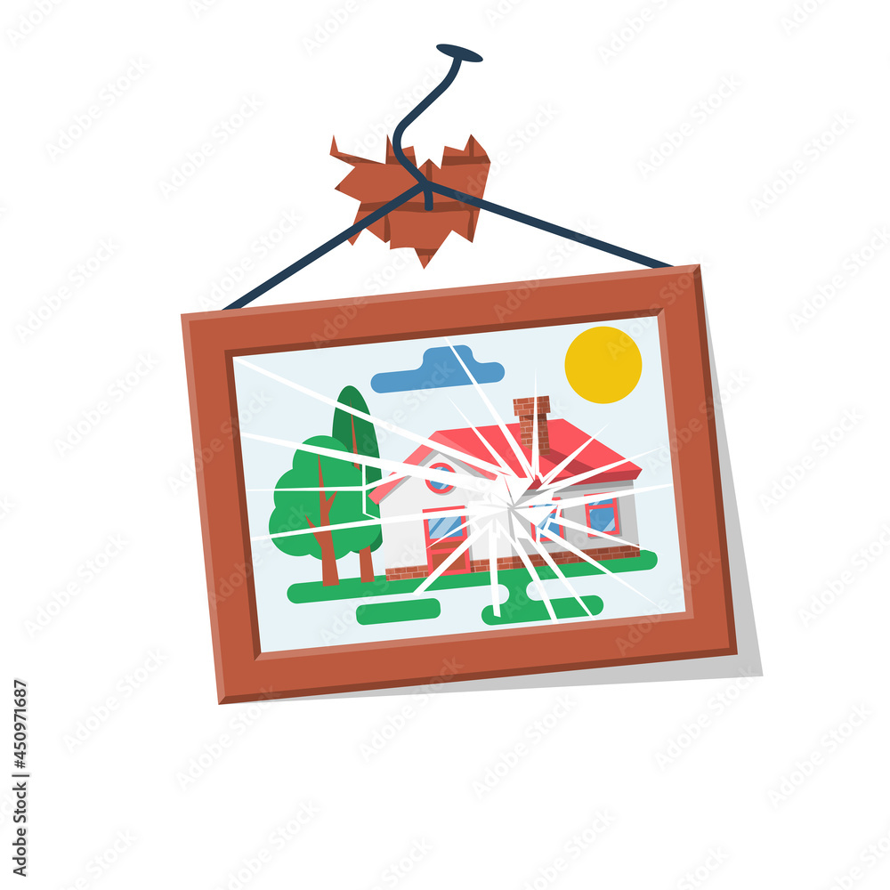 Broken picture on the wall. Glass cracked, frame curve, nail bent