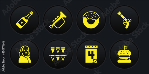 Set Benjamin Franklin, Vintage pistols, Carnival garland with flags, Calendar date July 4, Donut, Trumpet, Burger and Champagne bottle icon. Vector