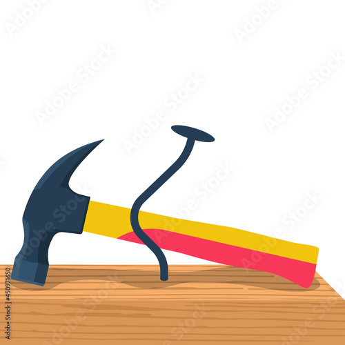 Bent nail and hammer. Wooden plate with nail. Vector illustration flat design. Isolated on white background.
