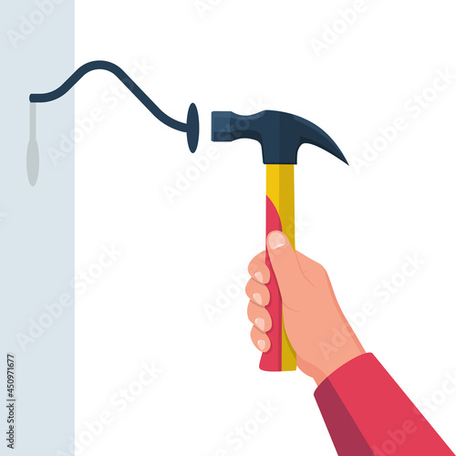 Bent nail and hammer. Hammer in hand. Newbie in work on the house. Wooden plate with nail. Vector illustration flat design. Isolated on white background.