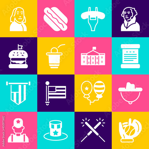 Set Baseball glove with ball, Western cowboy hat, Declaration of independence, Sausage the fork, Beer pong game, Burger, Benjamin Franklin and United States Capitol Congress icon. Vector