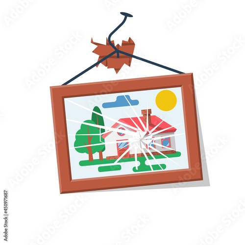 Broken picture on the wall. Glass cracked, frame curve, nail bent. Vector illustration flat design. Isolated on white background.