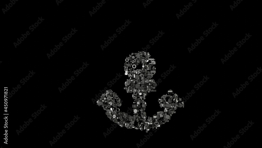 3d rendering mechanical parts in shape of symbol of anchor isolated on black background 3d rendering mechanical parts in shape of symbol of anchor isolated on black background