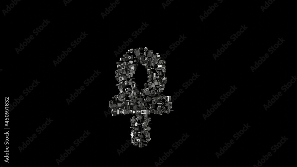 3d rendering mechanical parts in shape of symbol of ankh isolated on black background 3d rendering mechanical parts in shape of symbol of ankh isolated on black background