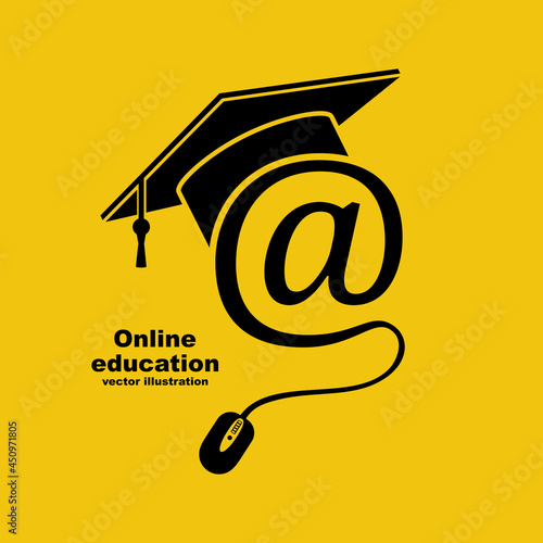 E-learning concept. Logo learning online center and graduation. Vector illustration flat design. Abstract background education. Logo template online education, internet teaching, distance training.