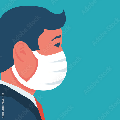 Man in a medical mask. Face mask. Close up young man in protective respiratory mask. Vector illustration flat design. Isolated on background.