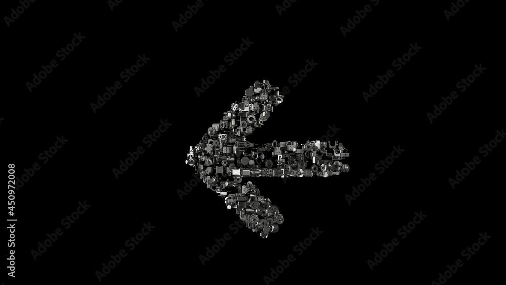 3d rendering mechanical parts in shape of symbol of arrow left isolated on black background 3d rendering mechanical parts in shape of symbol of arrow left isolated on black background