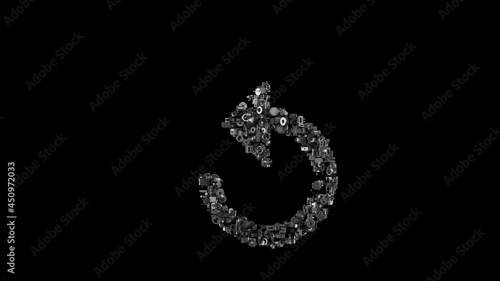 3d rendering mechanical parts in shape of symbol of refresh arrow isolated on black background