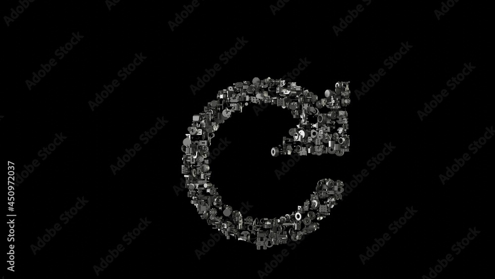 3d rendering mechanical parts in shape of symbol of refresh arrow isolated on black background