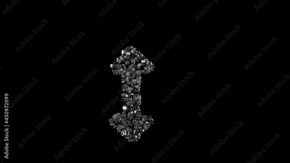 3d rendering mechanical parts in shape of symbol of double vertical arrow isolated on black background 3d rendering mechanical parts in shape of symbol of double vertical arrow isolated on black background