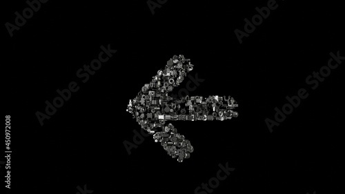 3d rendering mechanical parts in shape of symbol of arrow left isolated on black background