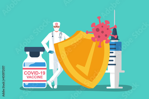 Doctor with shield. Syringe with an ampoule and virus COVID-19. Vaccine coronavirus concept. Virus protection. Coronavirus is attacking. Reflecting an attack. Vector illustration flat design.