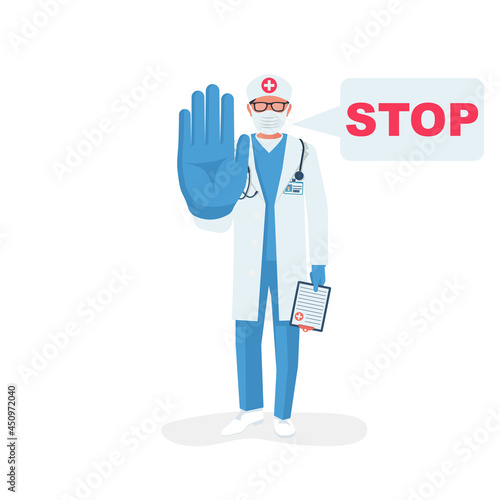 Doctor makes hand gesture. Gesture Stop. Doctor in a medical mask suit on face and protective gloves. Landing page the fight a dangerous epidemic. Vector illustration flat design.