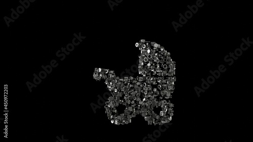 3d rendering mechanical parts in shape of symbol of baby stroller isolated on black background