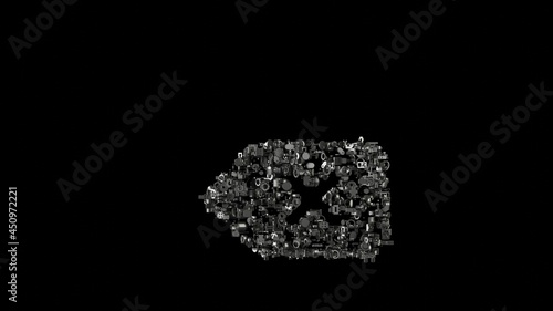 3d rendering mechanical parts in shape of symbol of backspace isolated on black background