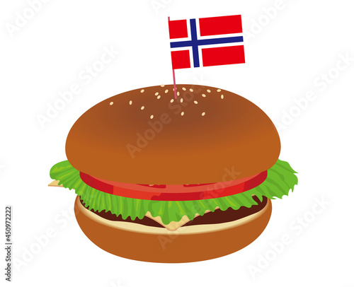 ノルウェーの国旗の旗の飾りがついたチーズハンバーガーのイラスト食事飲食ファストフード