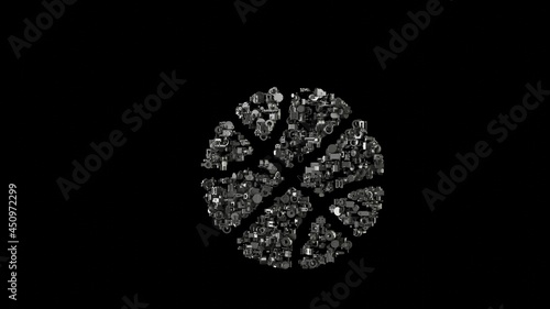 3d rendering mechanical parts in shape of symbol of basketball ball isolated on black background